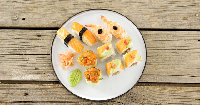 Assorted Sushi Platter with Nigiri and Rolls on Rustic Wooden Table - Download Free Stock Images Pikwizard.com