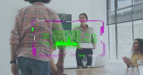 Business presenter using tablet with augmented reality HUD during team meeting