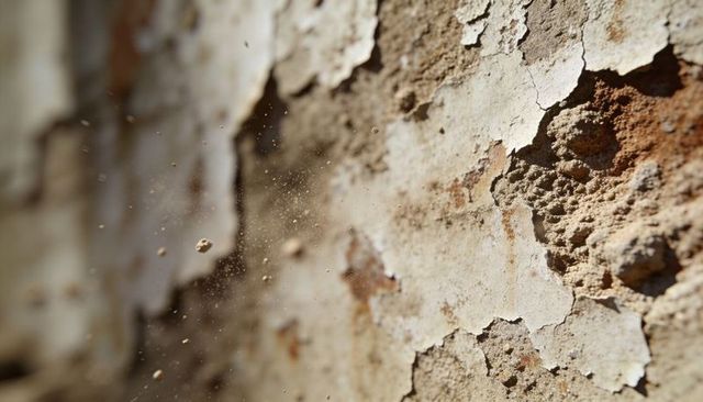 Weathered peeling plaster wall with floating dust particles close-up texture