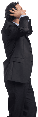 Transparent View: Stressed Businessman Holding Head in Hands