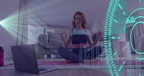 Woman Doing Yoga with Virtual Reality Interface at Home