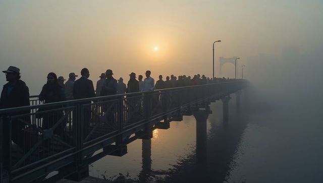 Commuters Crossing Foggy River Bridge at Sunrise Silhouettes and Reflections