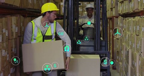 Warehouse Worker Lifting Box, Forklift Operator Moving Pallet with Sustainability Icons