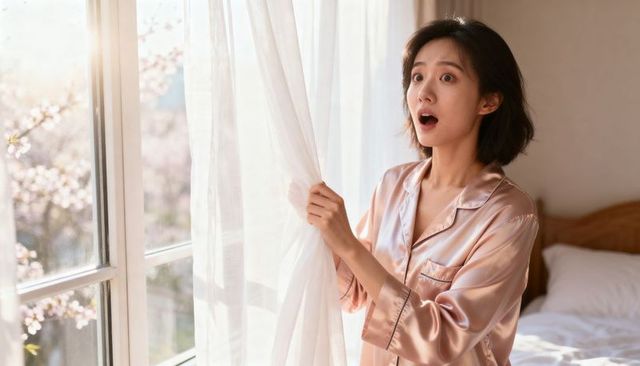 Surprised asian woman in pink satin pajamas opening sheer curtains by sunlit bedroom window