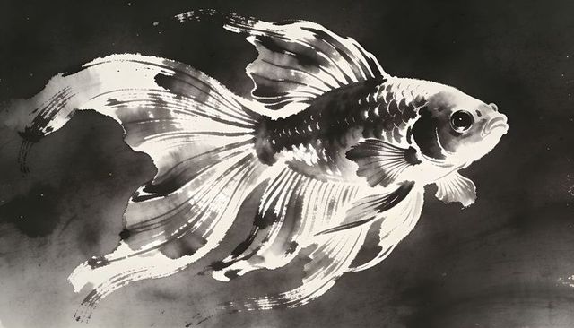 Monochrome ink-wash fantail goldfish with flowing fins and painterly brush strokes