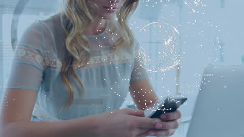 Businesswoman Utilizing Smartphone with Global Network Animation