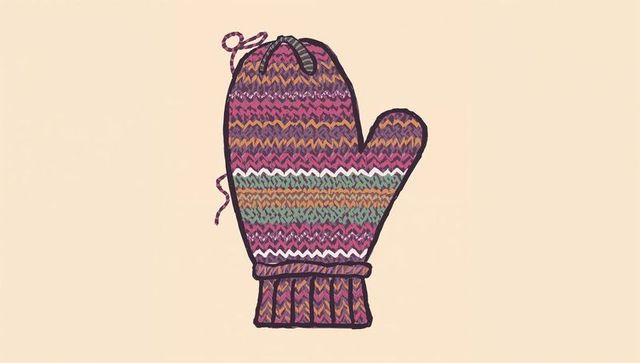 Colorful hand-knit mitten illustration with zigzag stripe pattern and ribbed cuff