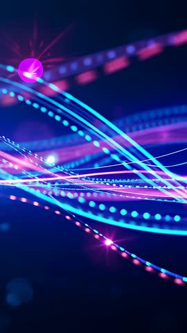 Vertical Neon Ribbons Forming Wave in Digital Space, Orb Drifting Left, Holographic Glow