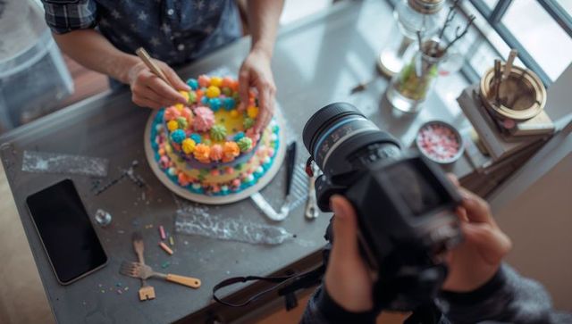 Decorating vibrant floral cake with natural light
