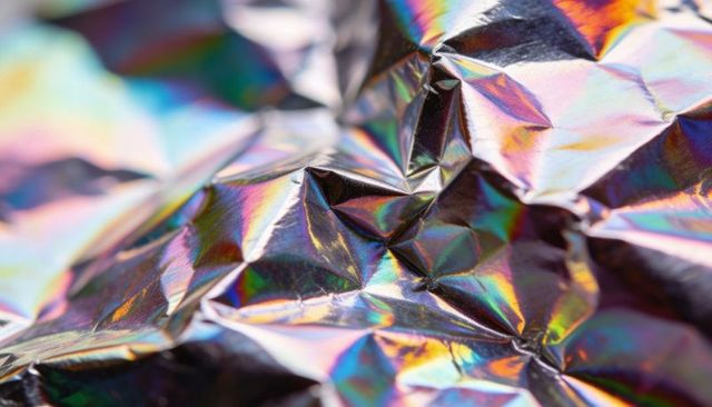 Crumpled holographic foil reflecting rainbow light macro texture abstract