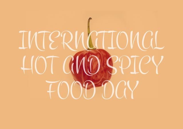 Illustration of international hot and spicy food day text over red chili against peach background. text, communication, spice, food and spicy food day concept.