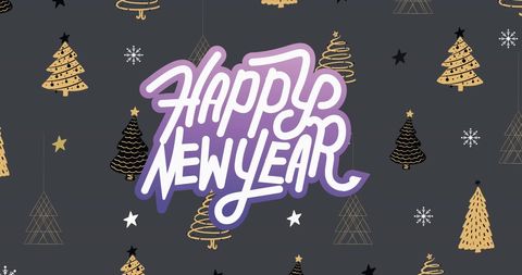 Festive New Year Greeting with Decorative Christmas Trees