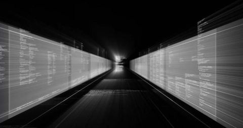 Data Tunnel Streaming Code Panels Converging on Bright Core Futuristic Digital Network