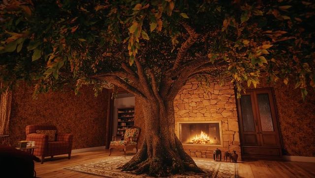 Gnarled tree indoors scene with fireplace harmony