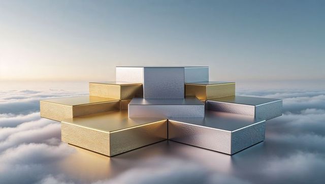 Floating Metallic Structure Above Clouds with Gold and Silver