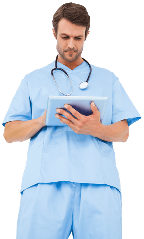 Transparent Doctor Wearing Light Blue Scrubs Using Tablet - Download Free Stock Videos Pikwizard.com
