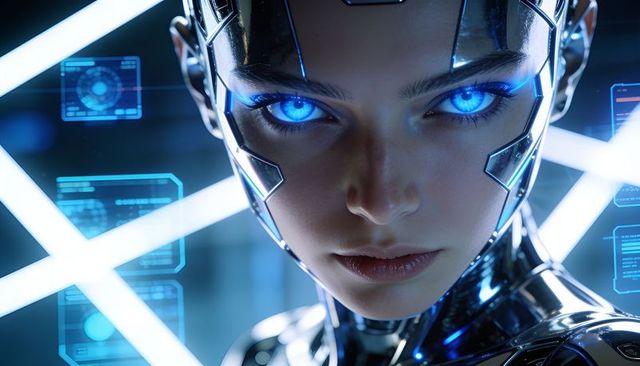 Female android staring with glowing blue led eyes wearing chrome exosuit in futuristic lab