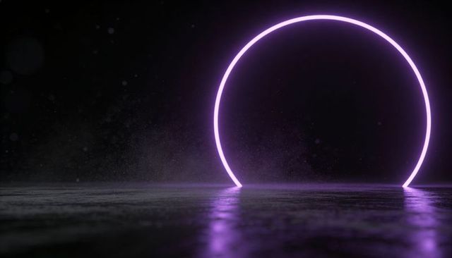Glowing purple neon semicircular ring casting reflection on wet floor with mist