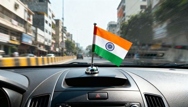 Indian tricolor waving on car dashboard with urban road view, patriotism and travel