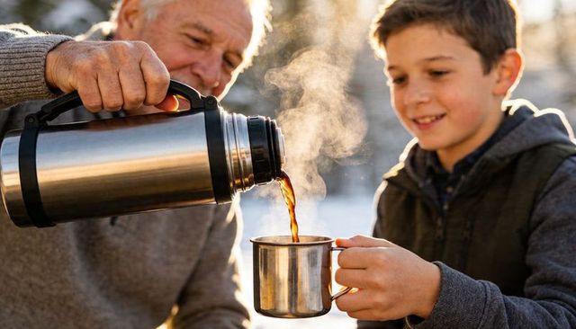 Grandfather pouring steaming coffee from thermos into metal mug for grandson in snow