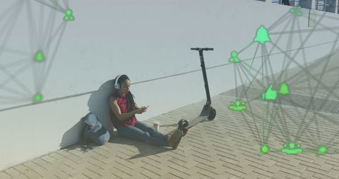 Young Woman Engaging with Smartphone Beside Electric Scooter