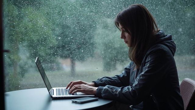 Typing woman working on laptop by rainy window, remote work and contemplative focus