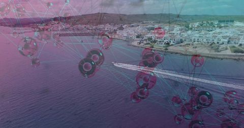 Futuristic maritime voyage near scenic hillside town