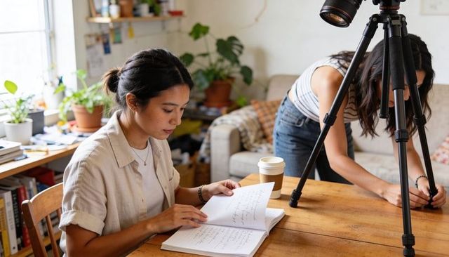 Woman Reading Spiral Notebook in Cozy Home Studio with DSLR on Tripod for Content