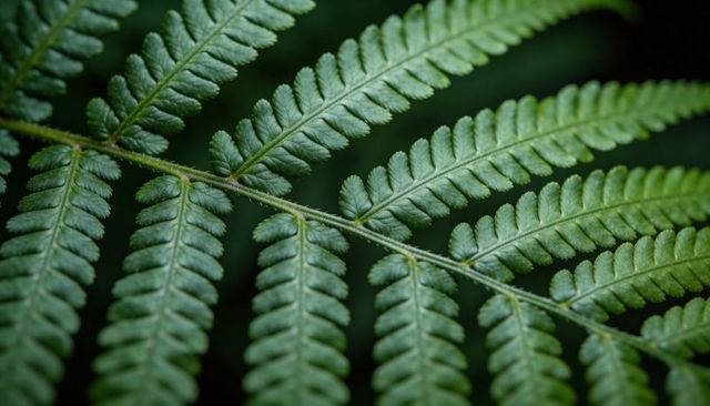 Macro closeup of fern frond showing detailed pinnules, venation and lush green texture