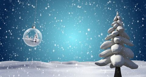 Serene Winter Landscape with Snowy Christmas Tree and Ornament