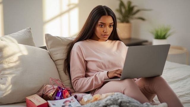 Woman in Loungewear Working on Laptop at Home with Gifts
