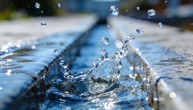 Macro crown splash in narrow water channel with sparkling droplets and blue reflections