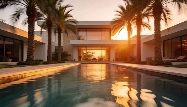 Sunset glow over modern luxury villa with reflective rectangular pool and palm courtyard