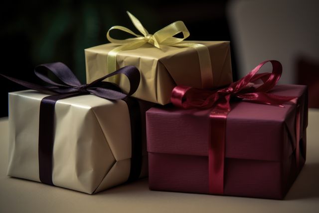 Close up of stack of gifts with ribbon, created using generative ai technology. Gift, present, giving and celebration concept digitally generated image.
