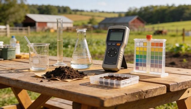 Soil testing kit measuring ph on farm table with color chart and lab glassware outdoors