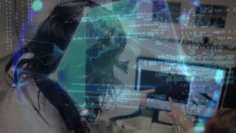 Caucasian Businesswoman Engaged in Global Digital Connectivity and Data Networks