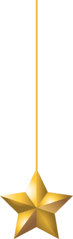 Hanging gold star ornament with metallic shine on transparent background