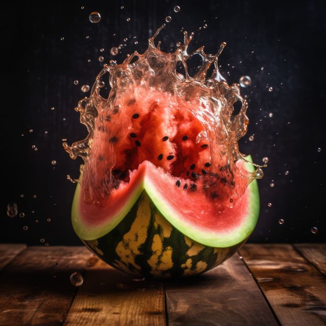 Watermelon splitting open, juice splashing, on wooden surface. Perfect for summer-themed content, fresh produce advertisements, food and beverage marketing, dynamic visuals.