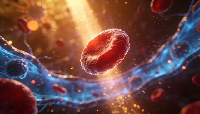 Gliding red blood cell through luminous capillary with blue fibrils and gold particles