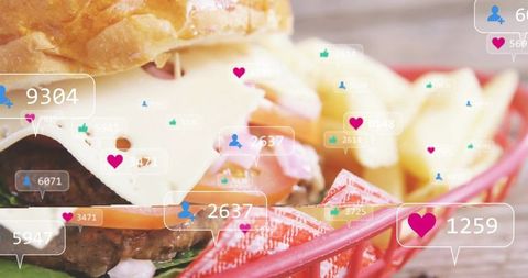 Brioche burger with swiss cheese and fries showing social media engagement overlays