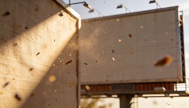 Backlit golden dust and wood fragments drifting through perforated mesh, billboard sunlight