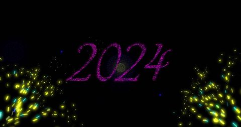 Vibrant fireworks with 2024 text over a night sky
