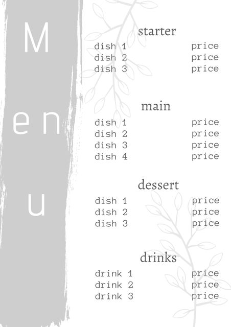 This minimalist botanical menu template features a clean, elegant design perfect for weddings and spa events. Its versatility makes it ideal for a range of purposes, allowing for easy customization for various dishes and prices. The soft botanical elements add a touch of nature, making it suitable for both formal and casual settings. Use it to create a sophisticated and cohesive look for your event. Ideal for designers, event planners, and anyone looking to create an aesthetically pleasing menu.