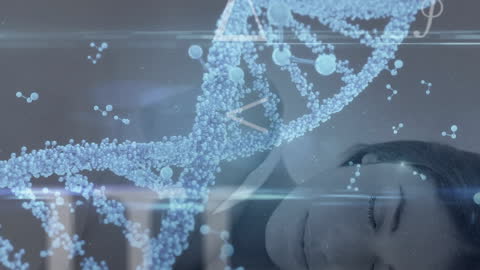 Futuristic DNA Structure with Sleeping Woman in Background
