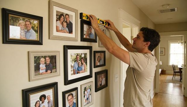 Man aligning family gallery wall using spirit level in bright hallway for even frames
