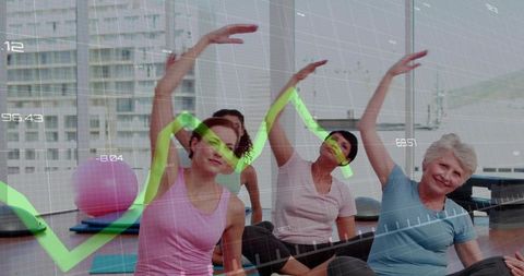 Multi-generational women stretching in modern fitness class with green chart overlay