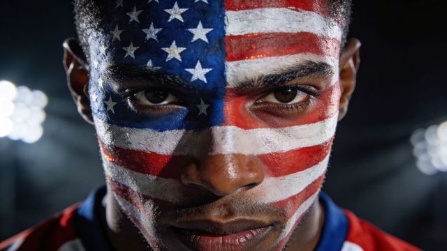 Intense patriotic athlete portrait with american flag face paint and stadium spotlight