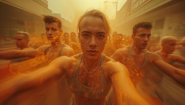 Dynamic urban dance performance with energetic motion and color explosion