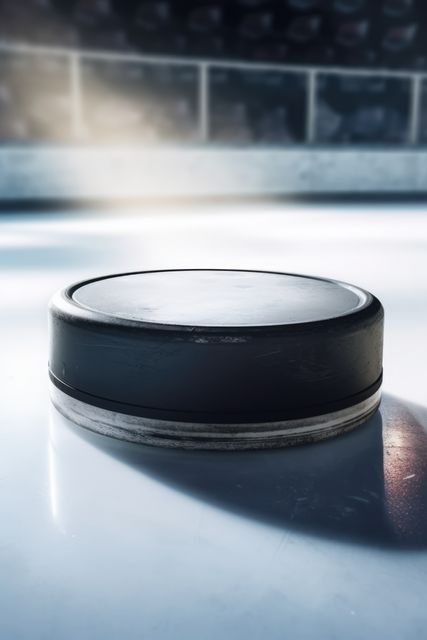 A close-up of a hockey puck on ice, illuminated by sunlight. The puck's presence suggests an ice hockey game or practice session in an arena.