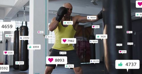 Male boxer throwing power jabs at heavy bag with social media engagement overlays